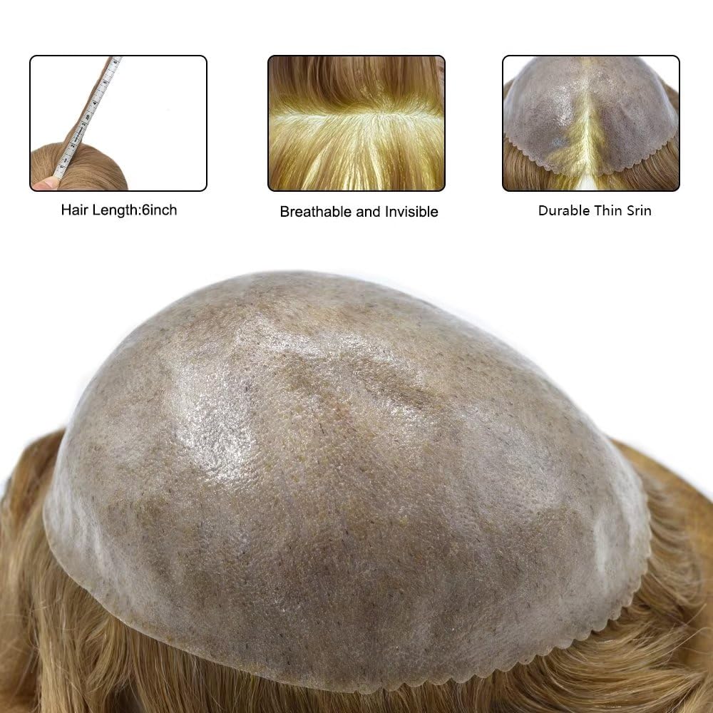 Toupee for Men All Poly Skin Mens Hair System Black Brown Blonde Human Hair Piece Transparent Mens Toupee Injected PU Mens Hair Replacement Hair Unit8X10"-110% Density-#30R