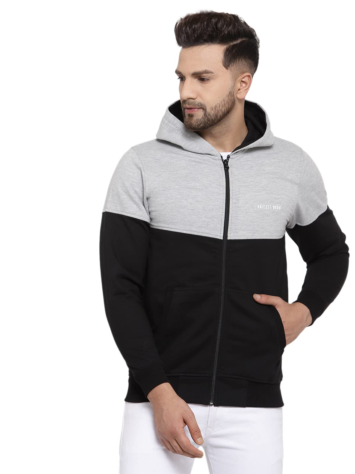 kalt Men Full Sleeves Dual Colour Zipper Fleece Hoodie(Black::Light Grey Melange)-picture-15