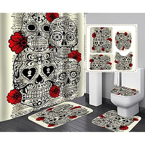 AZZXZONa Hand Drawn Skull Shower Curtain Set 4-Piece, Shower Curtain Waterproof + Bathroom Mat + U-Shaped Contour Mat + Toilet Seat Cover + 12 Hooks Cover
