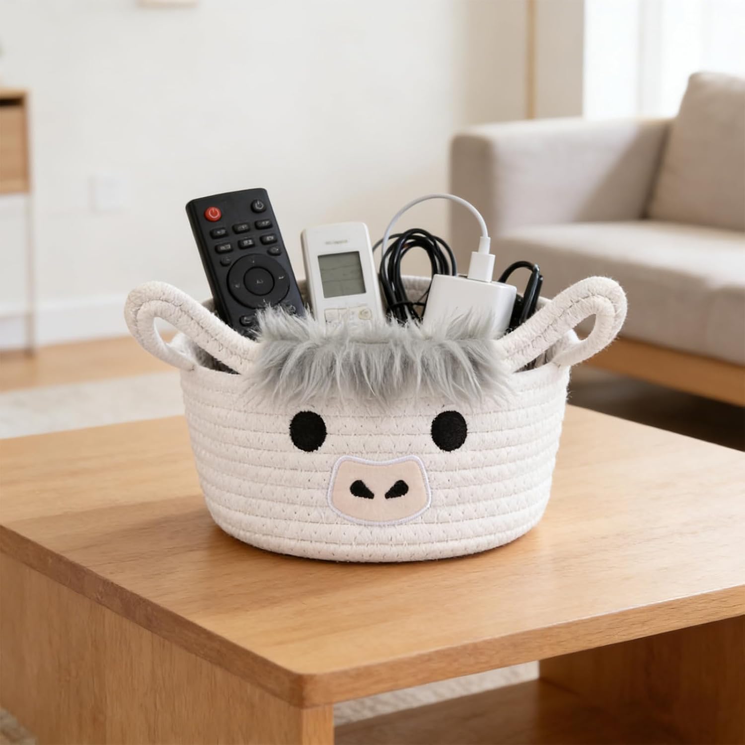 SVNR Highland Cow Storage Basket Woven Rope with Cute Animal Ears, 9.05 x 9.05 x 7.08 Inches, Cotton Rope Decorative Bin with Handles for Towels, Blankets, Toys, Laundry, Pet Supplies (Natural Cream)