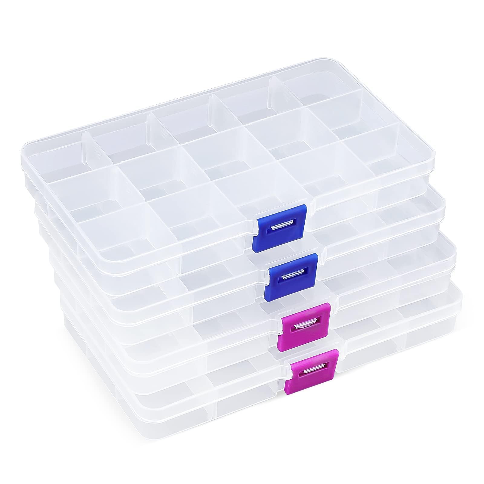 Opret 15 Grids Bead Organizer(4 Pack), Earring Organizer Box, SMALL Plastic Clear Organizing Containers with Adjustable Dividers for Crafts Jewelry Screws Small Items, Size 6.9×3.9×0.9in