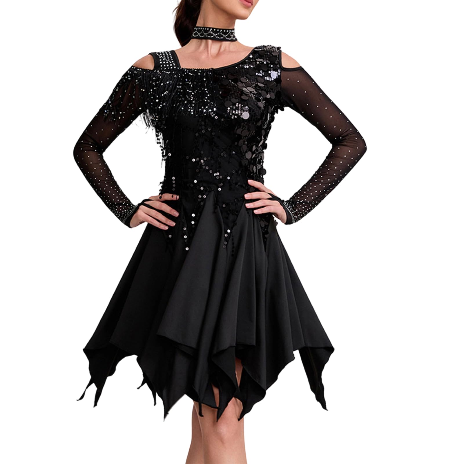 Warmes, langärmeliges Latein Tanzkleid, glitzernde Fransen, ideal für kaltes Wetter, Pailletten Fransenkleid