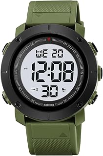 سكمي ساعة رقمية رياضية، شاشة LED، منبه وتقويم، سوار مطاطي، مقاومة للماء، متوفرة باللونين الأسود والزيتوني