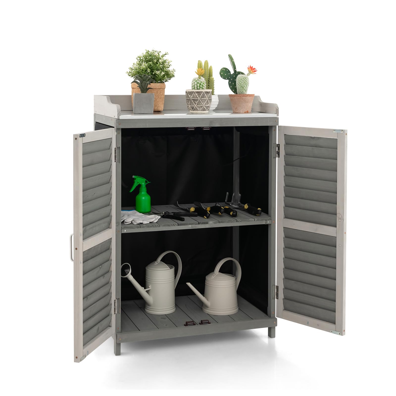 GOPLUS Gartenschrank Holz, Holzschrank mit Metalltischplatte & 2 Ablagen, Geräteschrank Gartenschuppen mit Belüftungstür, für Garten & Hinterhof, 67 x 47 x 100 cm
