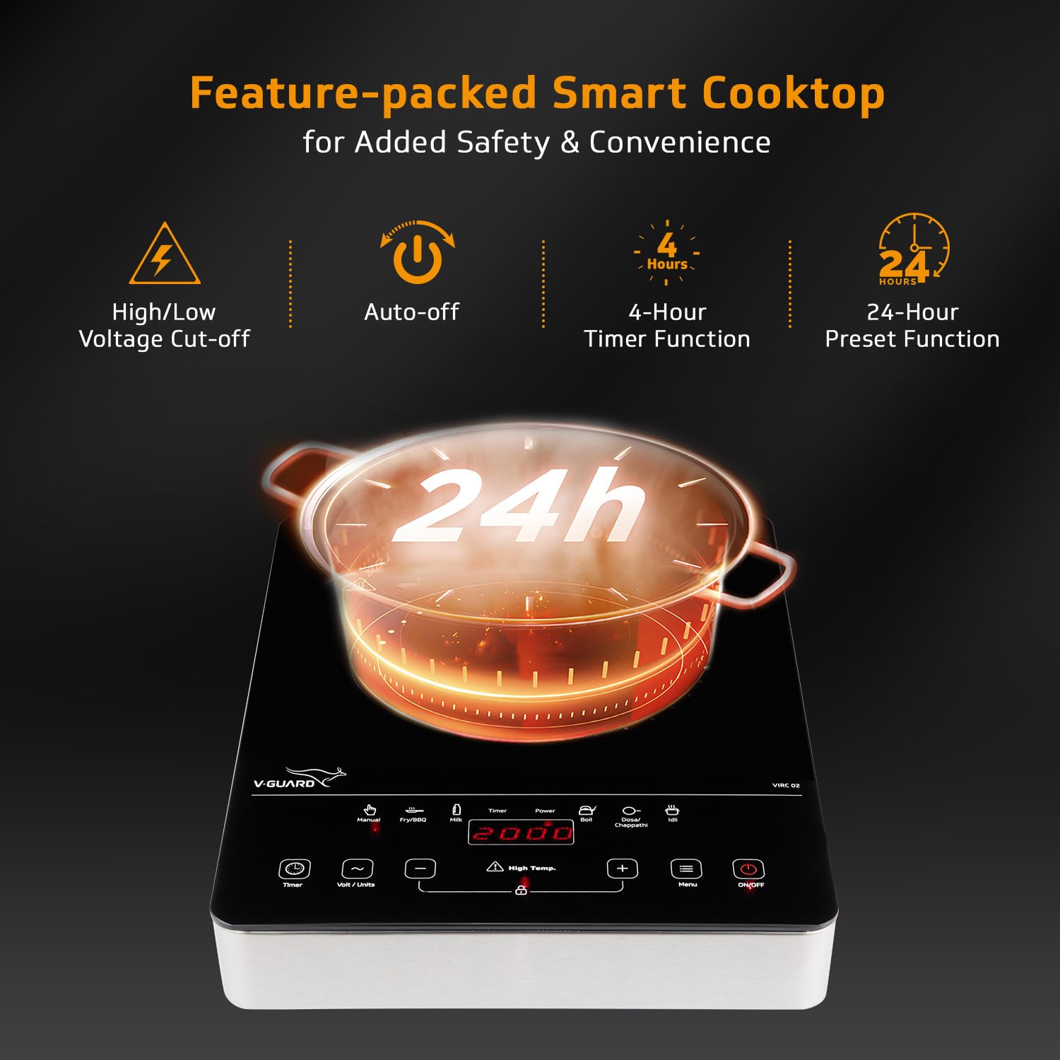 V-Guard VIRC 02 cooktop displaying 24h timer function with a pot on top