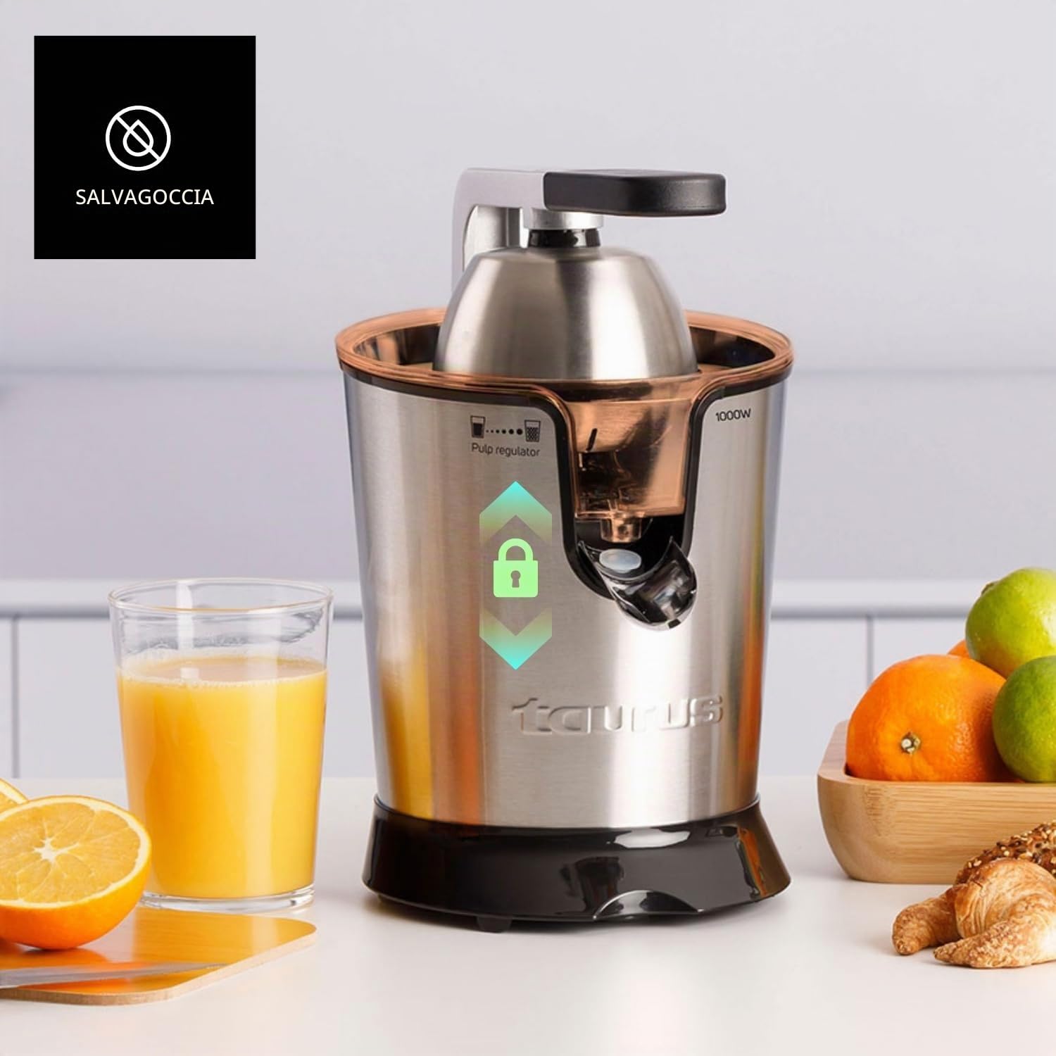 Taurus - Spremiagrumi elettrico a leva +1000W | Versamento continuo antigoccia | Cono per tutti gli agrumi | Filtro polpa regolabile | Serbatoio 650 ml | Senza BPA | Antiscivolo | Lavastoviglie