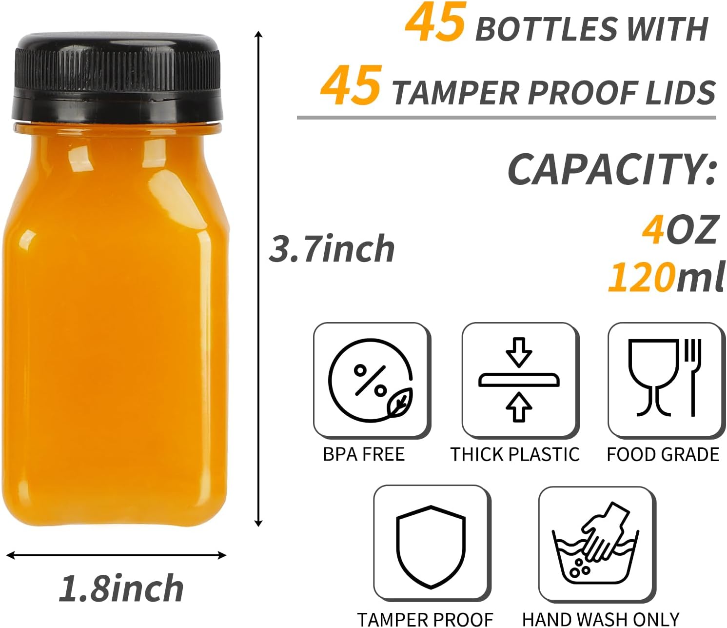 TOMNK 45pcs Juice Bottles with Caps, 4oz Plastic Containers with Lids Empty Reusable Clear Ginger Shots Bottles with Label, Funnel, and Brush Beverage for Juicing, Smoothies, Drinking, Fridge - Image 2