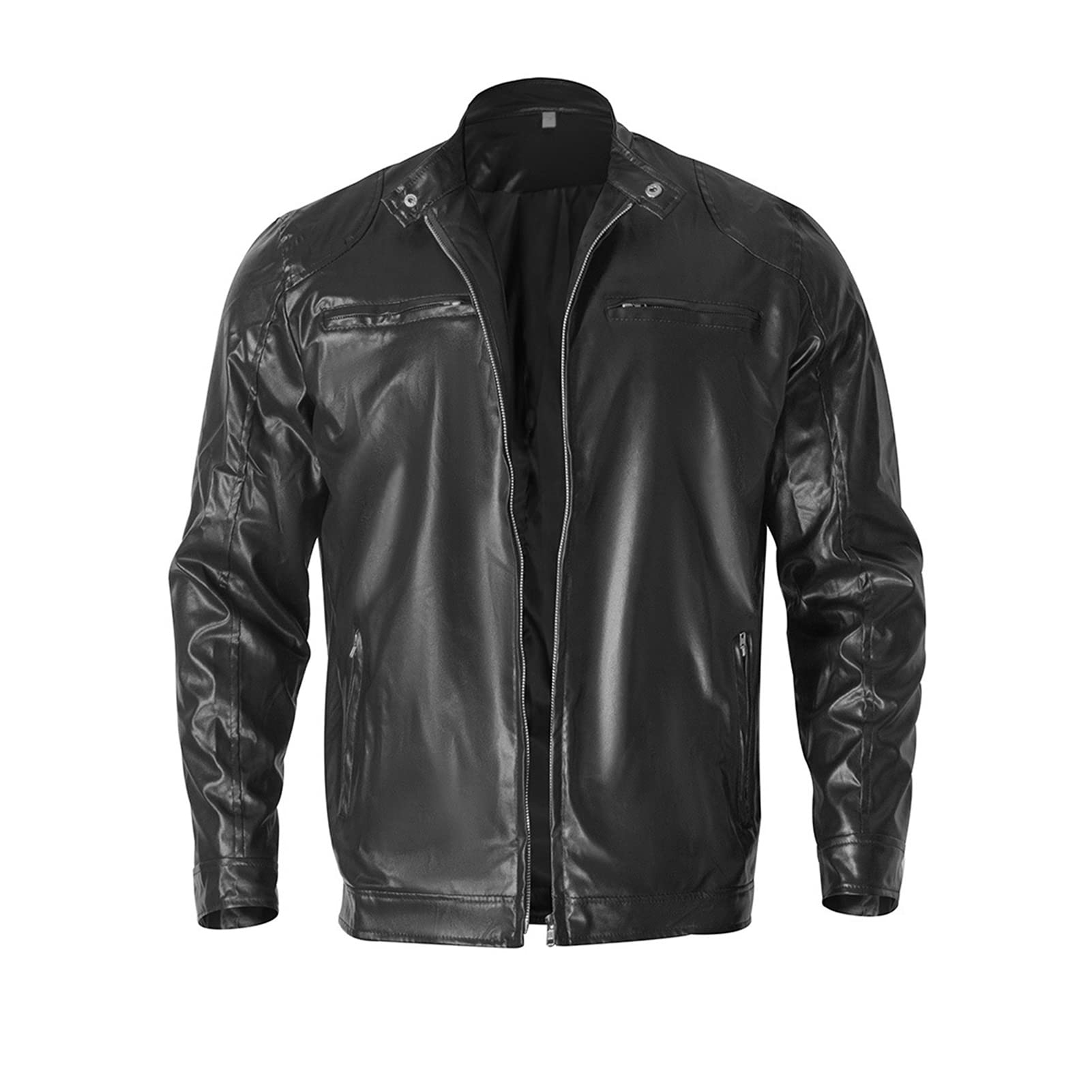 Maiyifu-GJ Men Stand Collar Faux Leather Jacket PU Vintage Zip Up Motorcycle Coat Casual Lightweight Slim Fit Bomber Outwear (Black,Large)