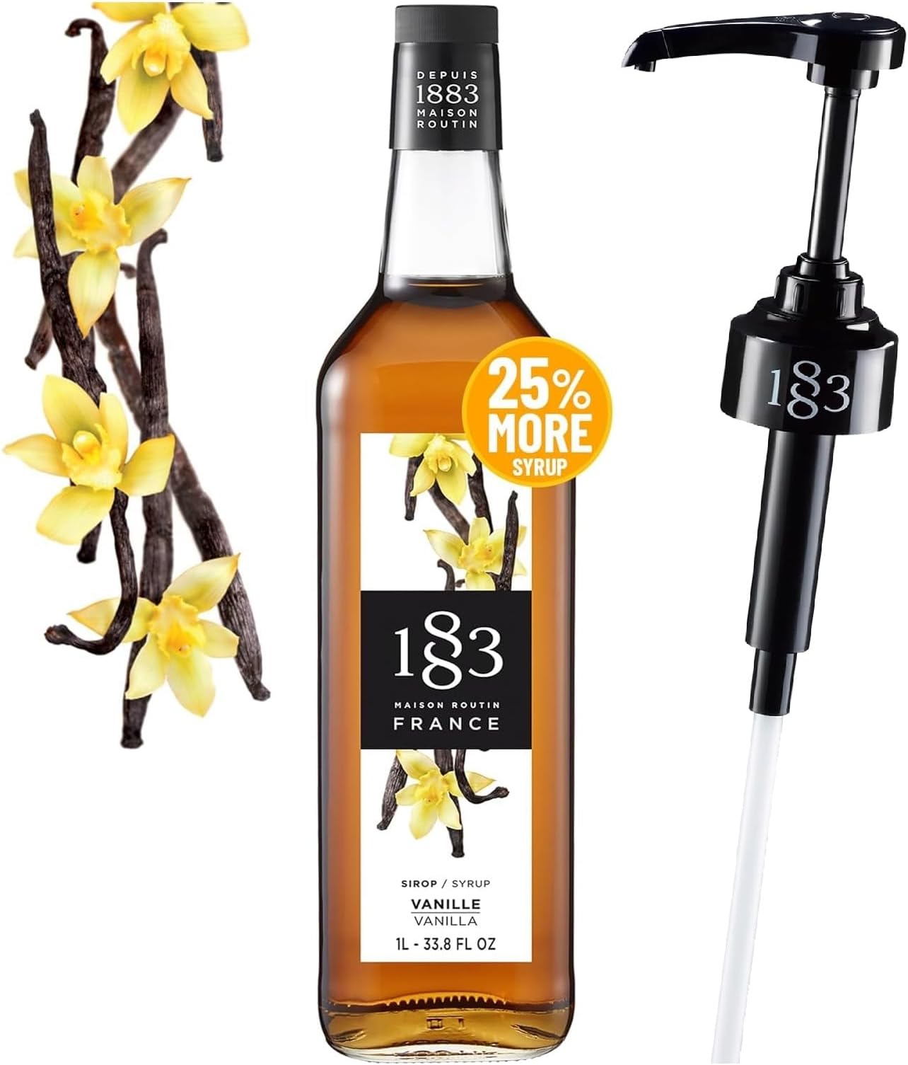 1883 Vanilla Coffee Syrup with Pump – Premium Flavoring Syrup for Coffee, Lattes, Iced Coffee & Drinks – 33.8 fl oz (1L) Bottle