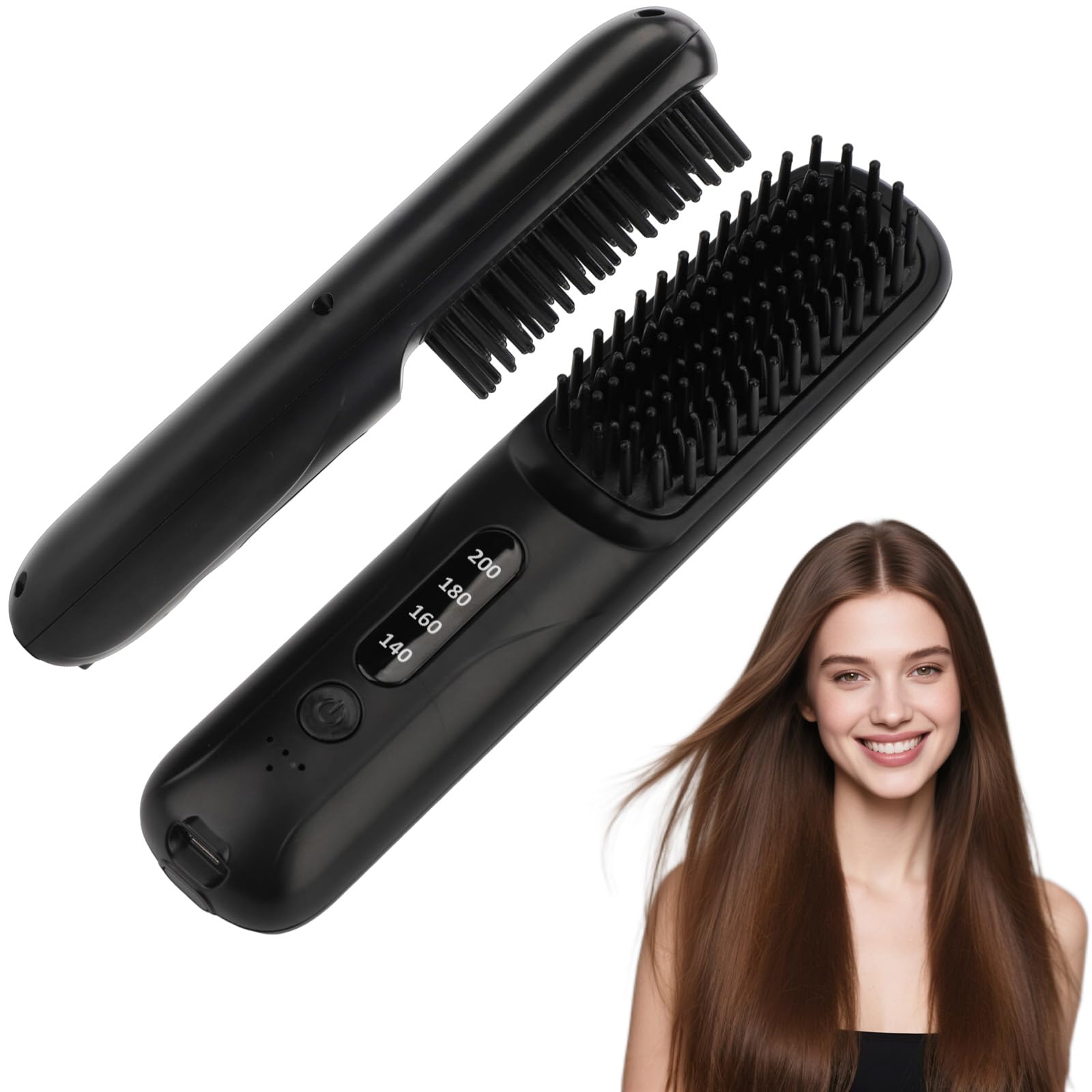 Cepillo alisador de cabello inalámbrico, portátil, 2 en 1, con calefacción, alisador y voluminizador con USB recargable, pantalla LED y 4 ajustes de calor para mujeres y hombres (negro)