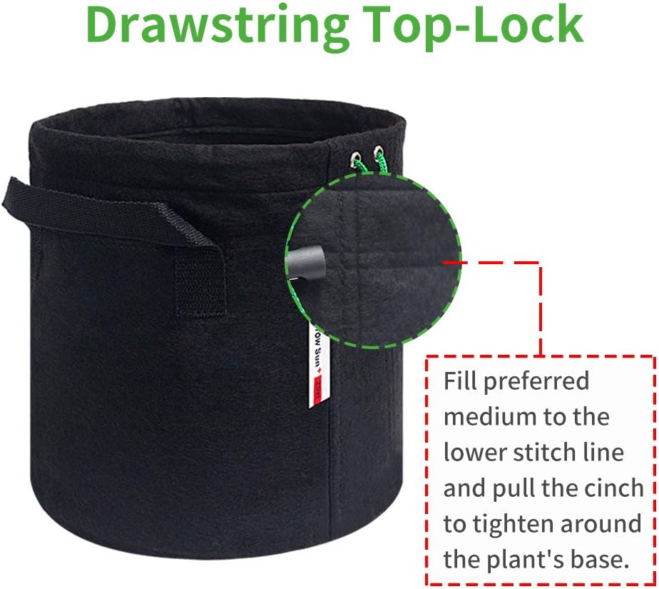 Growsun 2 Gallon 5 Bags Drawstring Lock-Top Grow Bag Plant Fabric Pots with Handles