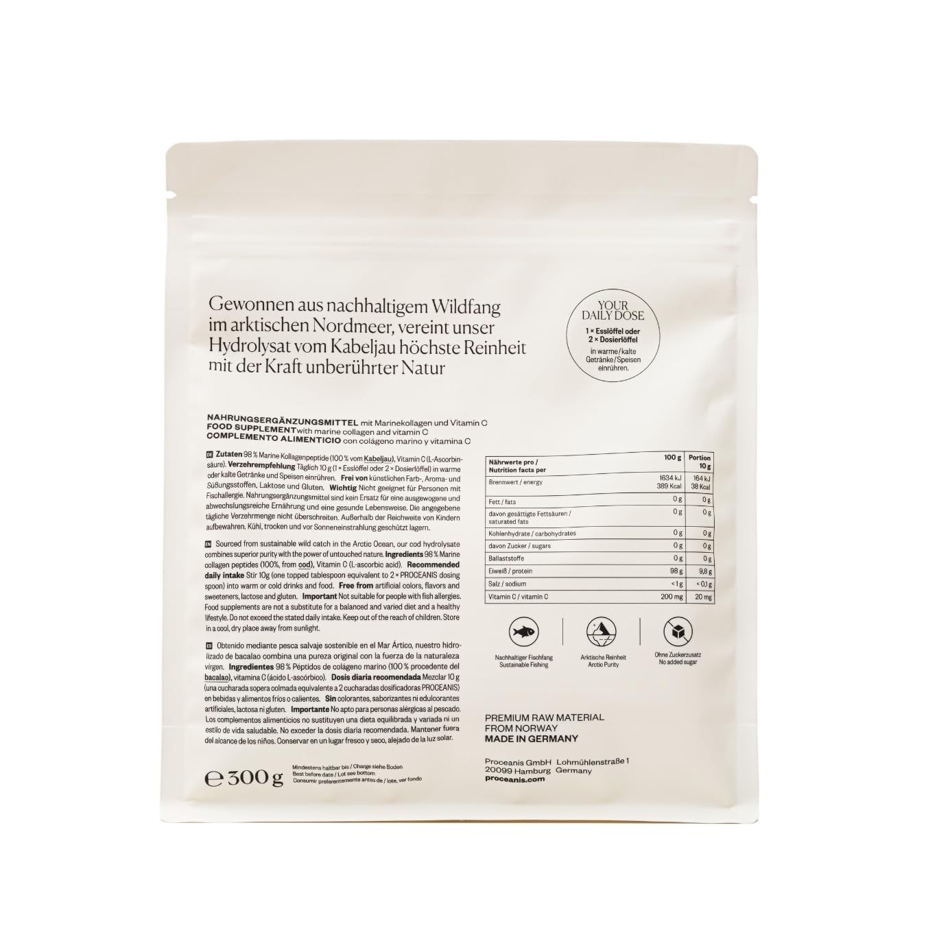 Arctic Marine Collagen Pulver aus Fisch 300g – Kollagen Hydrolysat Peptide Typ 1 und 3 aus nachhaltigem Fischfang im Nordmeer – mit Vitamin C – Ohne Zusatzstoffe – 30 Portionen