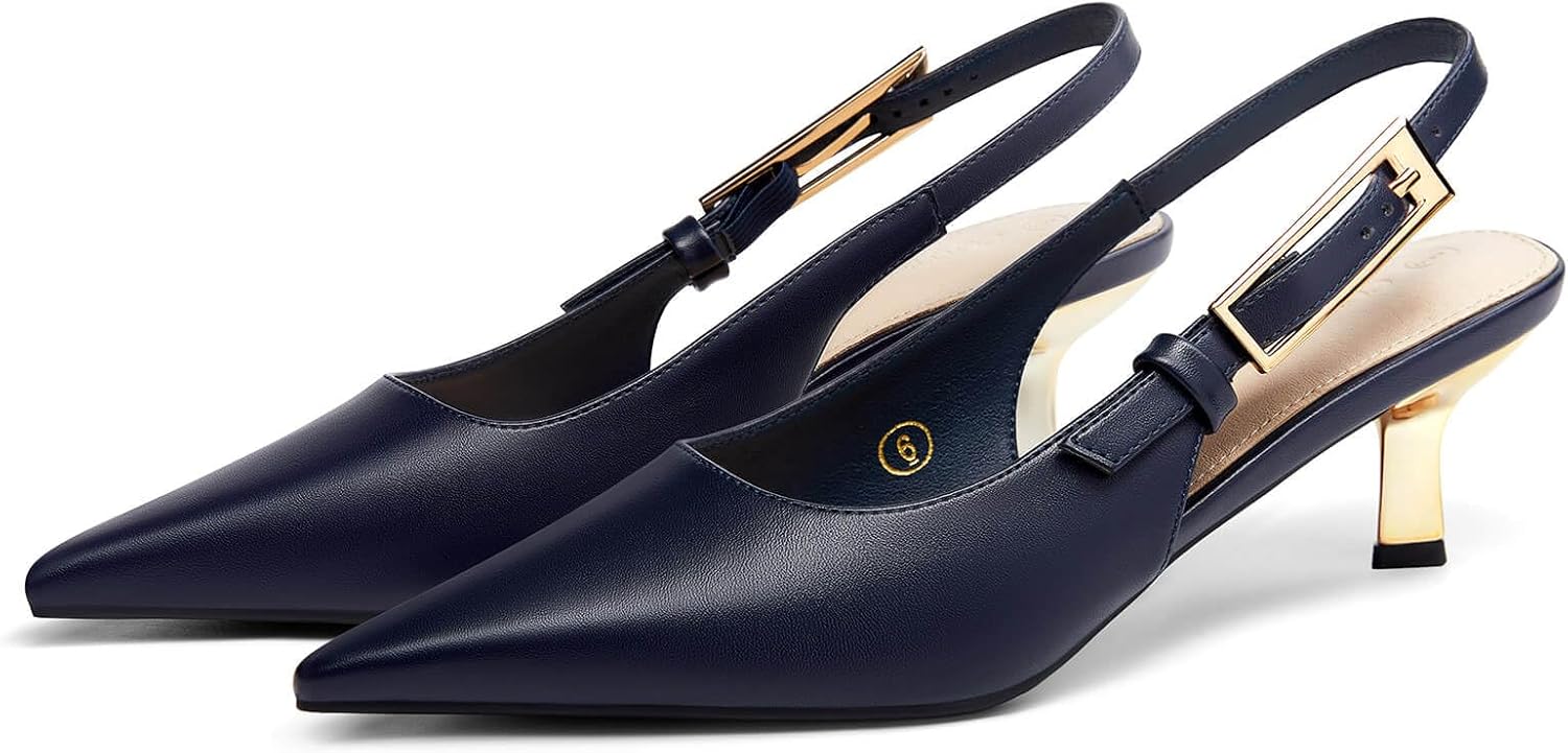 Coutgo Womens Slingback Kitten Heels Closed Pointed Toe Pumps Buckle Strap Wedding Party Dress Shoes
