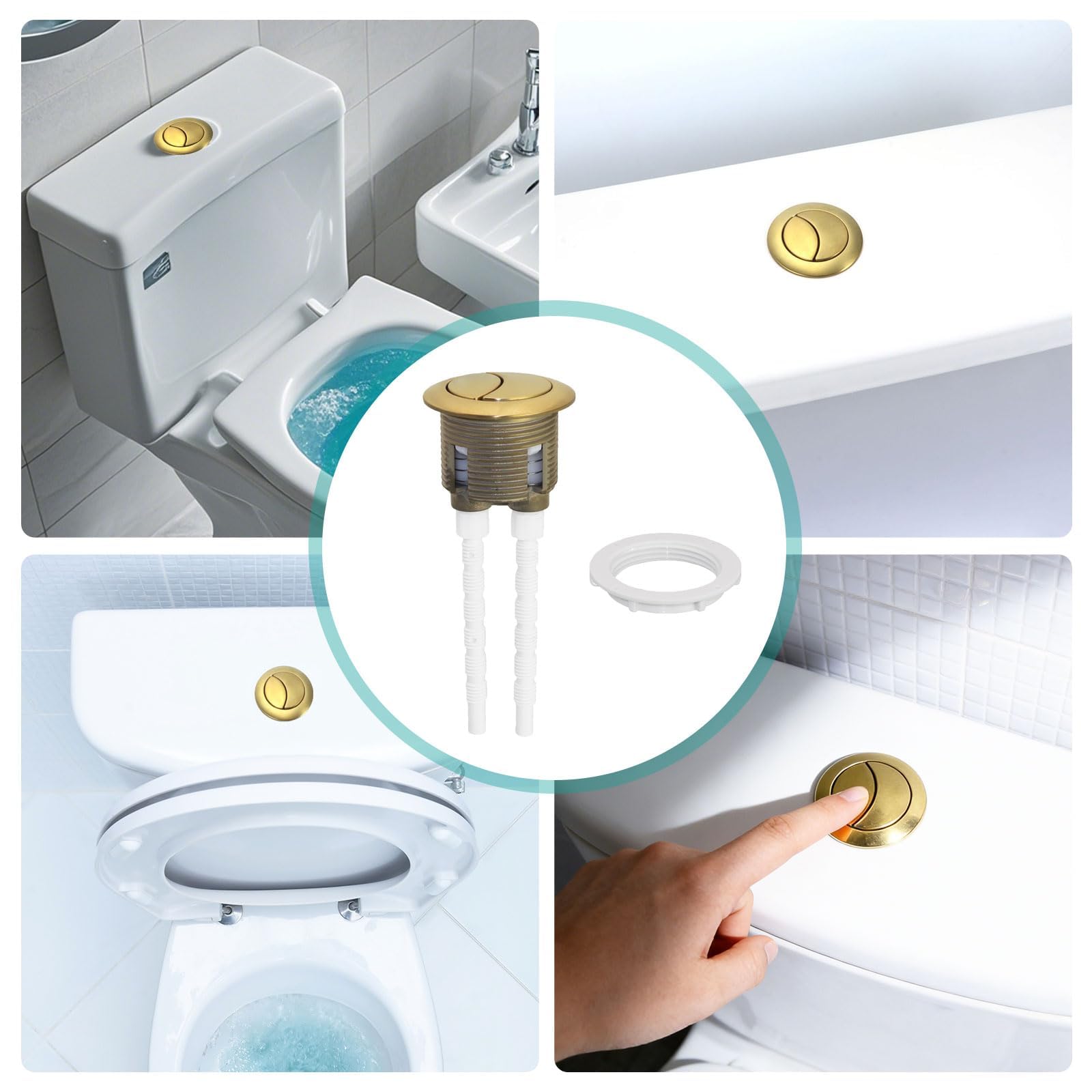 NIYATA Bouton de chasse d'eau universel en laiton brossé, double chasse d'eau pour trou de réservoir de 38 à 42 mm, broche réglable, montage supérieur/avant pour WC à couplage étroit