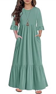Girls Maxi Dress Crew Neck A-line Loose Flowy Tiered Holiday Casual Dresses with Pockets for 6-12 Y - Buy now