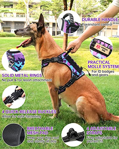 Hotsky Tactical Dog Harness For Large Dogs No Pull Adjustable Military Service Dog Vest Reflective Pet Harness With Control Handle Molle Loop Panels For Training Walking Running(Purple Camo, L) #TOP2