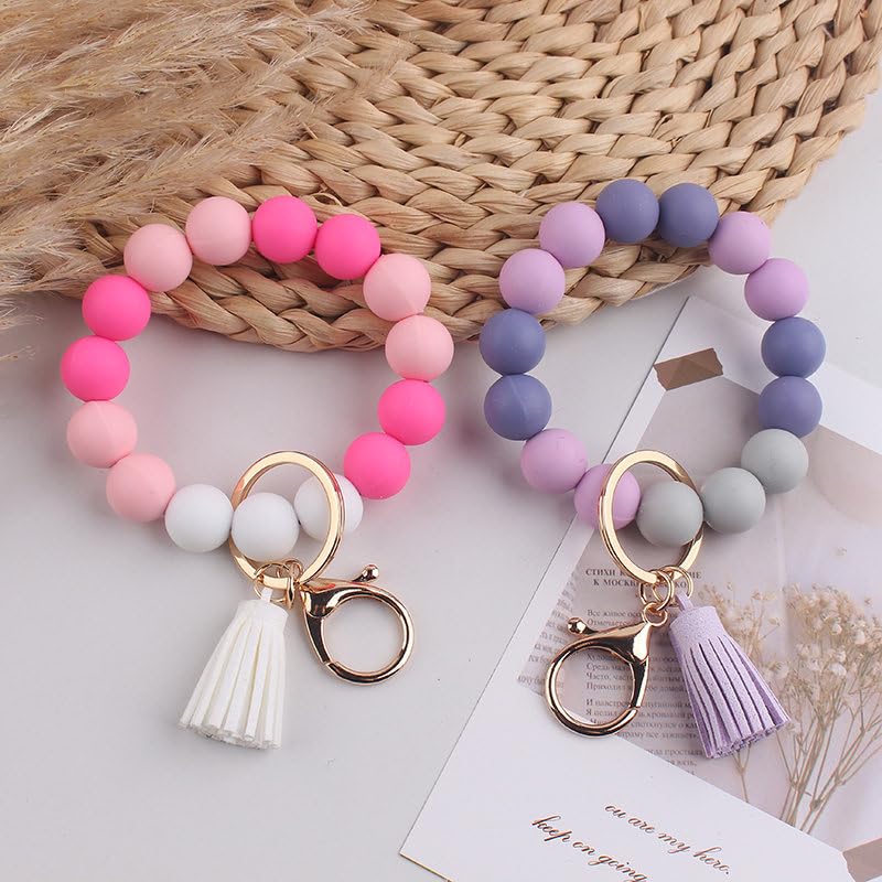 Image of Silicone Beaded Bracelet Keychain Wristlet Cute Car Key Chain Holder Wallet Bag Charm Accessory