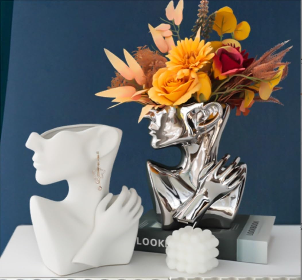 Jarrón Decorativo Florero De Cerámica con Cara Cabeza Y Pila Libros Decorativa Imitación, Escultura Abstracta Moderna Decoración Hogar(Blue,Silver)