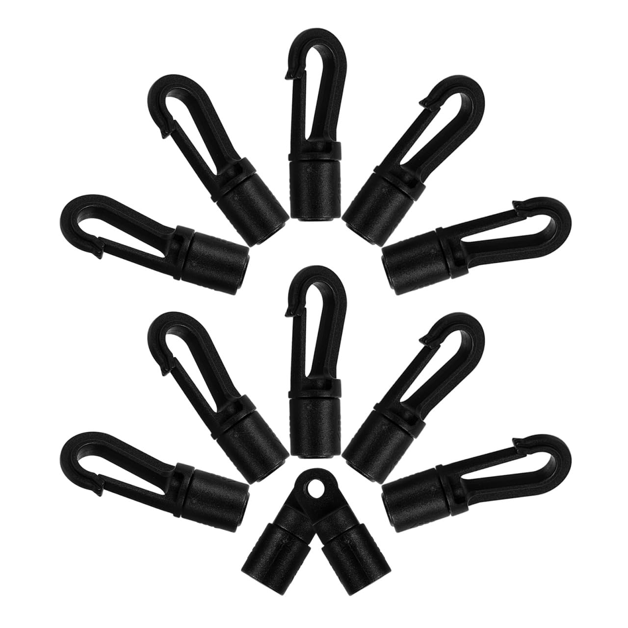 ibasenice 12Pcs Kayak Bungee Cord Hooks, Heavy Duty Elastic Rope End Clips for 1/4 Inch Shock Cord, Rust-Resistant Plastic Paddle Leash and Cargo Net Terminal Ends, Black Boat Accessories (12-Pack)