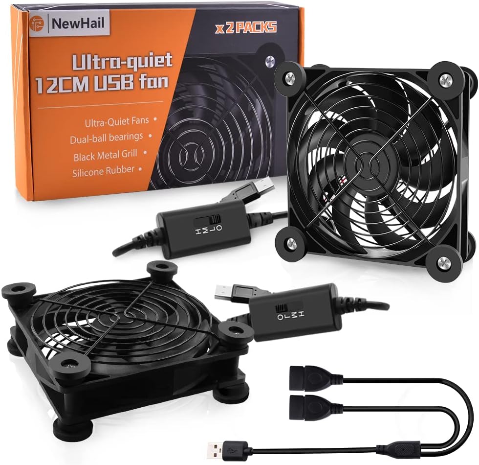 2Pack Quiet 120mm USB Fan Dual-Ball Bearings, USB Fan 5V, with L/M/H 3-Degree Speed Controller High Airflow Cooling Fan for Router Modem Receiver DVR PlayStation Xbox TV Box