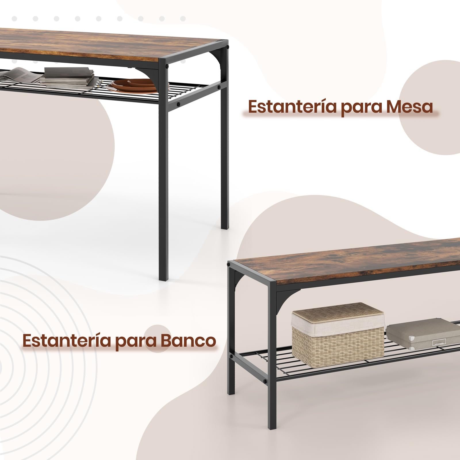 GIANTEX Juego de Mesa de Comedor para 4, Mesa Rectangular con 2 Sillas, 1 Banco, Estantes, Marco de Metal Resistente, Juego de Comedor de 4 Piezas, Comedor, Cocina (Marrón Rústico)