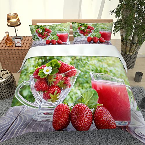 Funda de edredón 3D Fresa 200x200CM Dos Funda de Almohada con Impresión 3D Funda de Edredón para Niños y Adolescentes Funda de con Cierre de Cremallera Cover