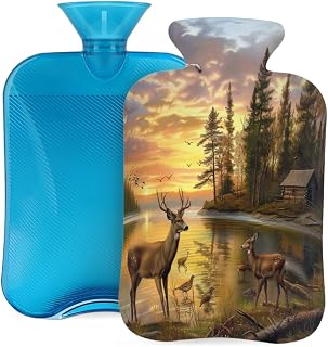 Hot Water Bottle with Cover, Cute Deer Autumn Forest River 2L Hot Water Bag for Hot/Cold Compress, Hand Feet Warmer, Menstrual Cramps, Neck and Shoulder Pain Relief