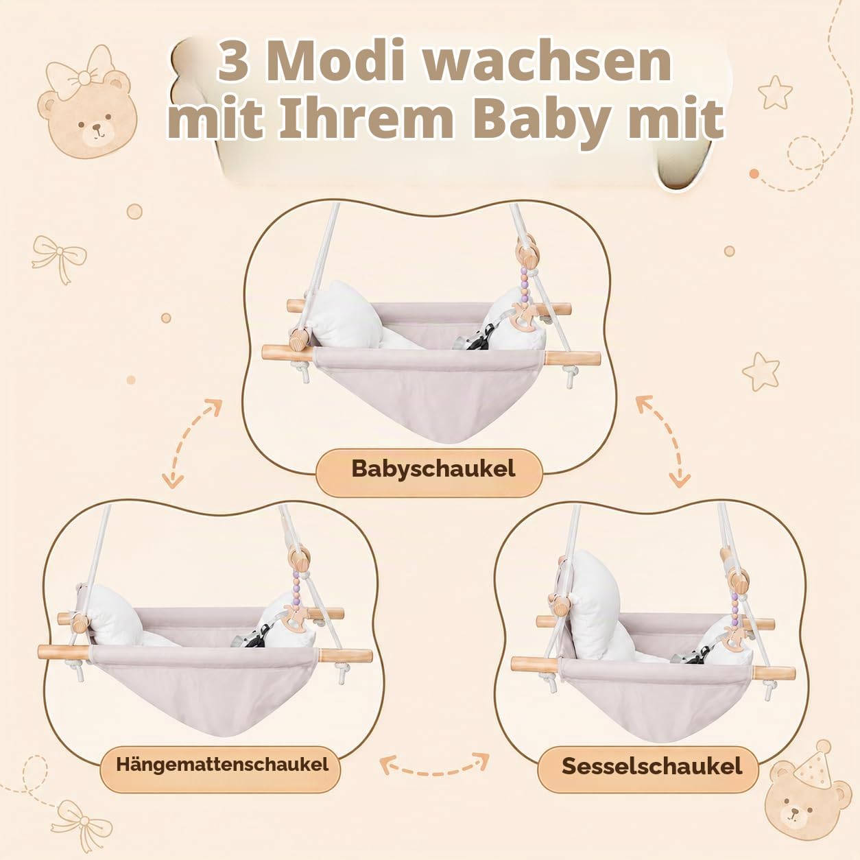 Babyschaukel Indoor 3 in 1,Hängeschaukelsitz aus Holz mit Sicherheitsgurt und Baumwollkissen, Einstellbar Baby Hängematte Schaukel, Kinderschaukel für Outdoor, Liegestuhl für Kinder, 6–36 Monate