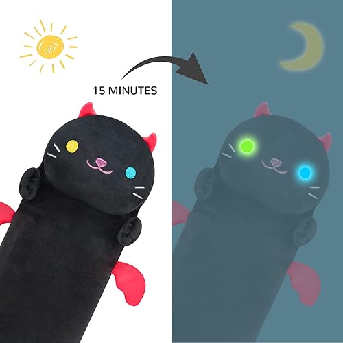 Miniatura 2 de Almohada larga de peluche Kawaii con diseño de gato negro, con luz luminosa, animales de peluche con luz nocturna, almohada que brilla en la