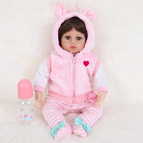 ENADOLL Lifelike Reborn Baby Dolls - Realistic Baby Doll 16 inch Newborn Girl Doll with Feeding Accessories Gift Set (Pink Vest)