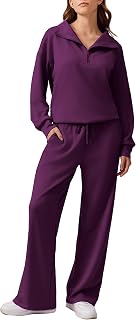PINSPARK 2 Piece Sets for Women 1/4 Zip Lounge Matching Set Fall Outfits | Petite& Regular& Tall, Oversized Sweatshirt, Wide Leg Pants with Drawstring Pockets, Sweatsuit, 2026 Travel Airport Tracksuit