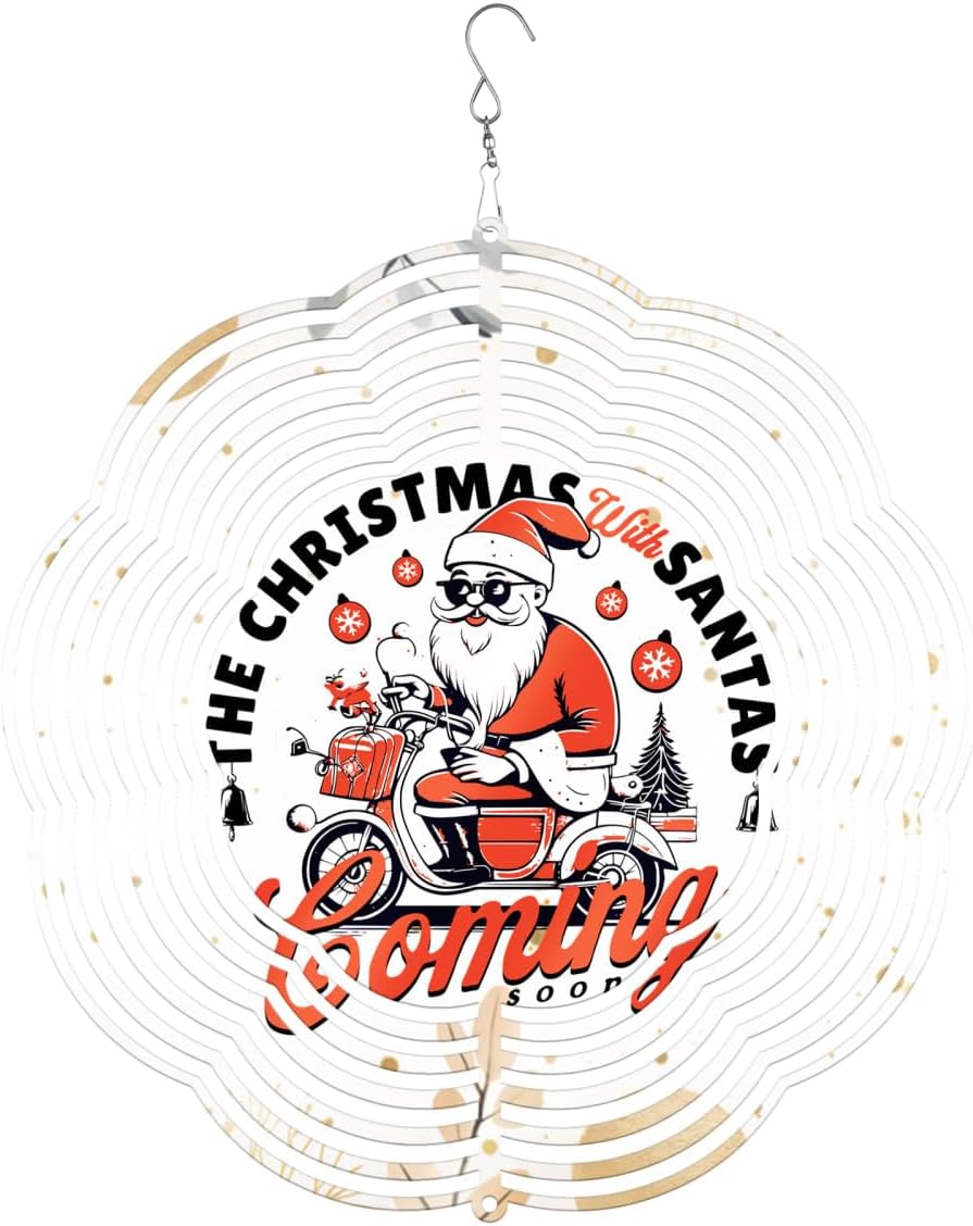 The Christmas with Santas Christmas Wind Spinners 3D Stainless Steel Laser Cut Metal Double Sided Printing-Hanging Indoor/Outdoor Decorations Yard Gardening Decor,Metal Kinetic Art 14x14 inches
