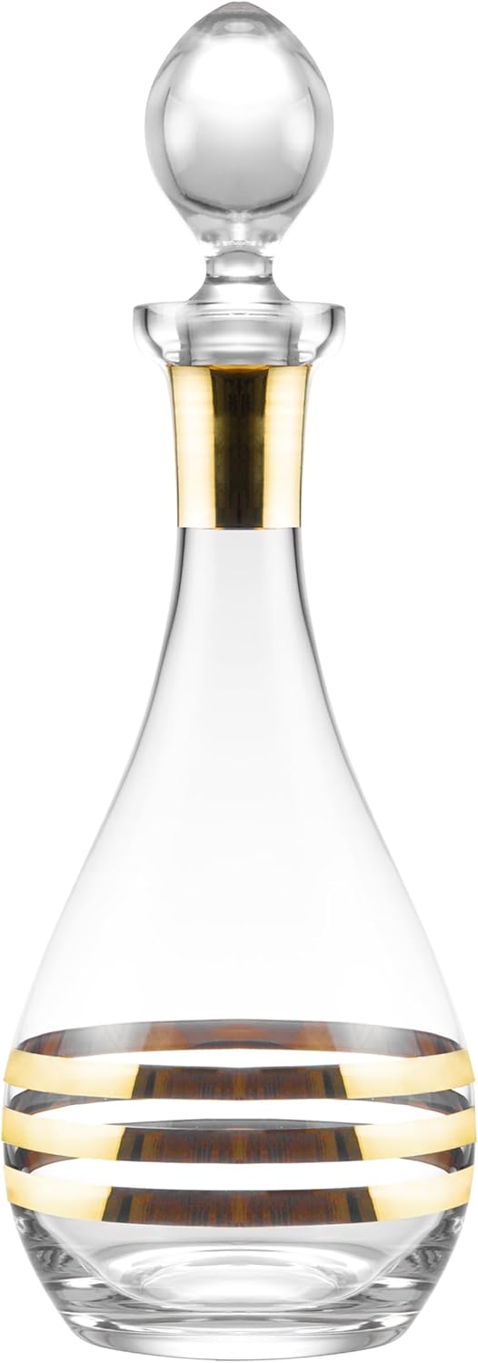 Glass Wine Decanter with Stopper - Carafe - for Red - White - Wine - Striped Gold Designed -Crystal Glass 48 Oz. - Made in Europe - by Barski