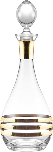 Decantador de vino de cristal con tapón - jarra - para rojo - blanco - vino - diseño dorado a rayas - cristal de 48 onzas - Hecho en Europa - por