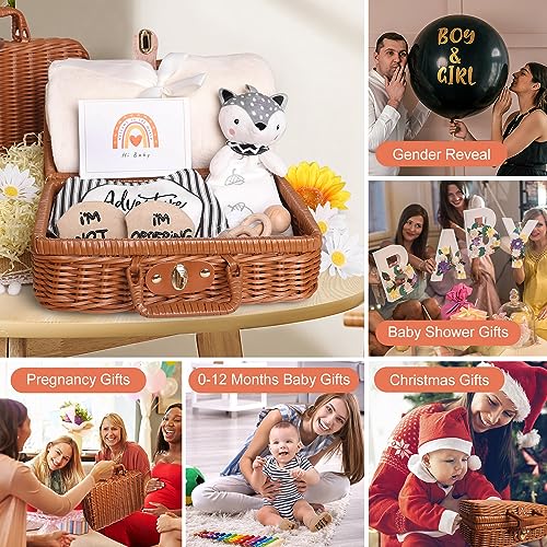 iAOVUEBY Baby Shower Gifts, Baby Gifts for Girls Boys, Unique Baby Gifts Basket Essentials Stuffs - Baby Lovey Blanket Newborn Bibs Socks Wooden Rattle & Greeting Card, Newborn Baby Gift Set - Thumbnail 6