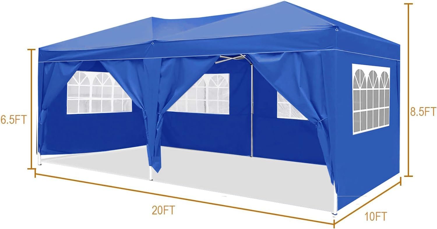 10'x20' Folding Canopy with 6 Removable Sidewalls Outdoor Event Shelter UPF 50+ Gazebo Portable Tents for Parties Beach Camping Wedding EZ Pop Up Canopy (Blue)