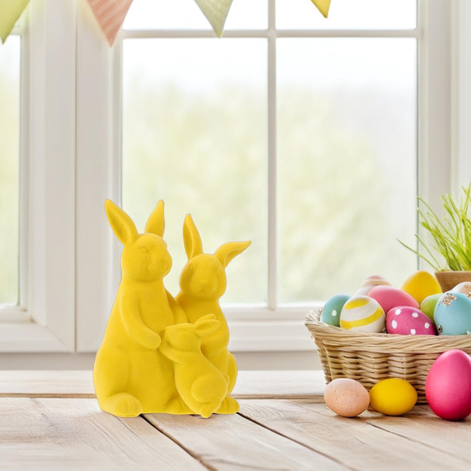Osterhasen Dekoration Beflockte Hasenfigur aus Kunstharz Gelb Tischdeko Frühling Landhausstil