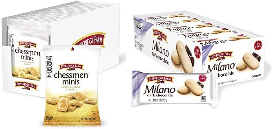 Pepperidge Farm Chessmen Minis Butter Cookies (8 Packs) and Pepperidge Farm Milano Dark Chocolate Cookies (10 Packs)