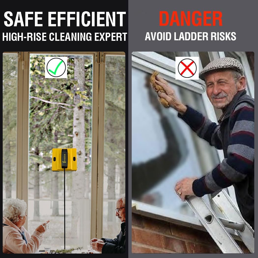 Image contrasting safe high-rise window cleaning with the Frewico robot versus dangerous manual ladder cleaning.