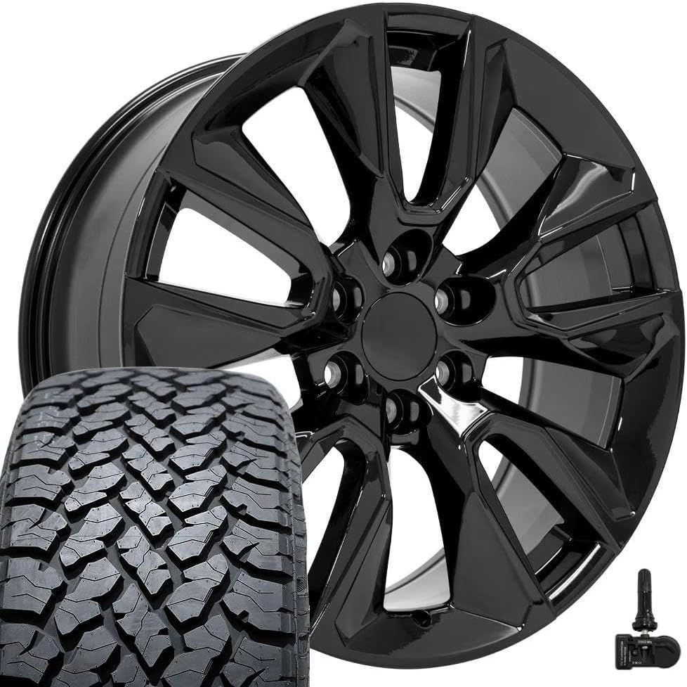 OE Wheels CV32 22 Inch Rims and Tires Fit Silverado 1500 Style 6x139.7 22x9 Gloss Black - Hollander 5916 - TS-37 AT 285/45-22 (Set of 4)