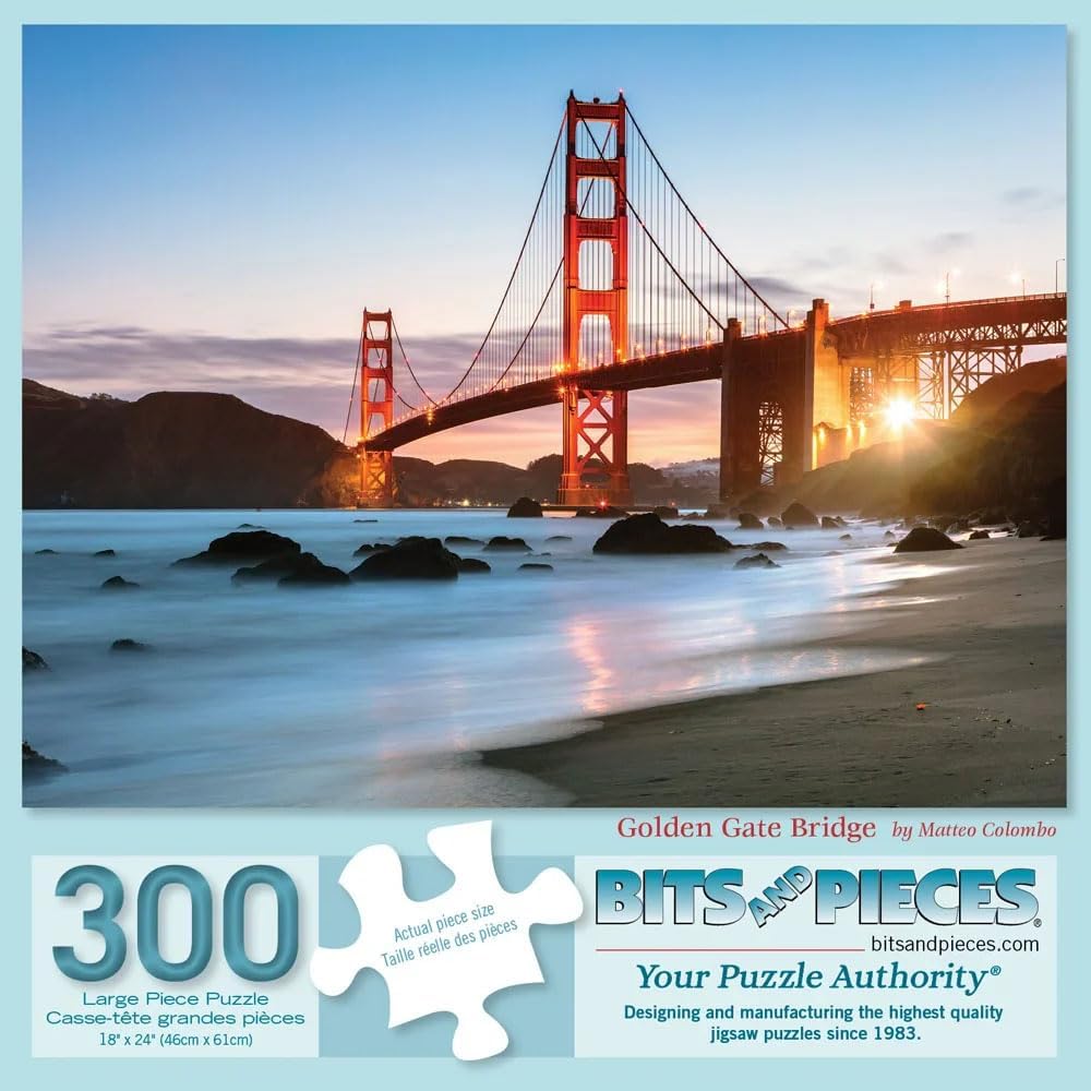 Bits and Pieces 300 Piece Puzzles for Adults - 300 Large Pieces 18" x 24" Jigsaw Puzzles Sunset Over The Golden Gate Bridge, Random Die Cut, No 2 Pieces Alike, Golden Gate Bridge