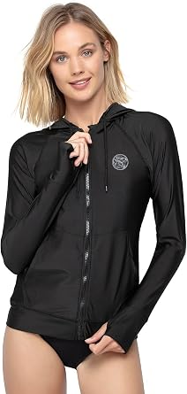 AXESEA Womens Hooded Rash Guard UPF 50+ Zip Up Long Sleeve Swim Shirt