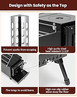 Wood Stove, Portable Tent Stove with 7-Section Stainless Steel Chimney, HeatControl Stovepipe and Elbow Pipe, Wood Burning for Outdoor Camping and Ice Fishing
