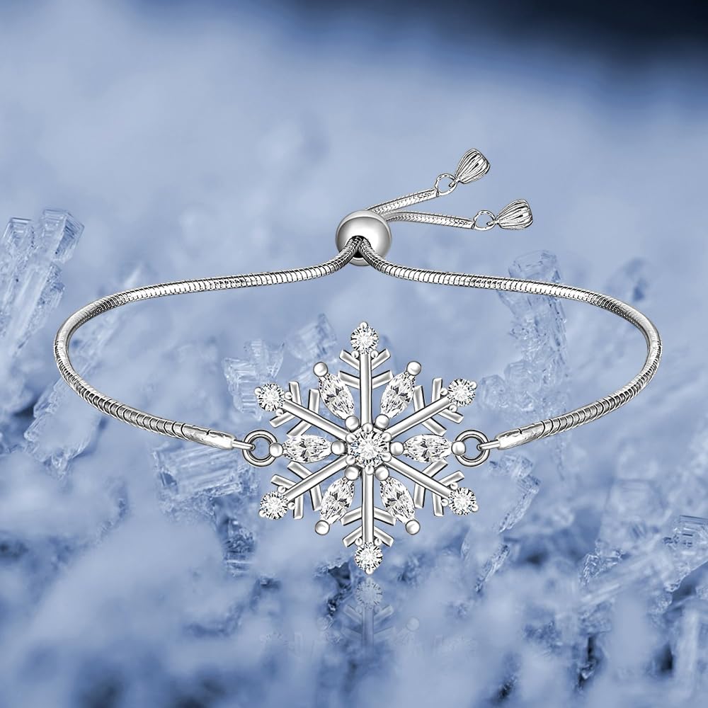 Snowflake Bracelet for Women Sterling Silver Christmas Bracelet Charm Winter Bracelets Sparkly Snow White Pentagram Charms Snowflake Friendship Blessing Xmas Jewelry Christmas Gift - Image 6