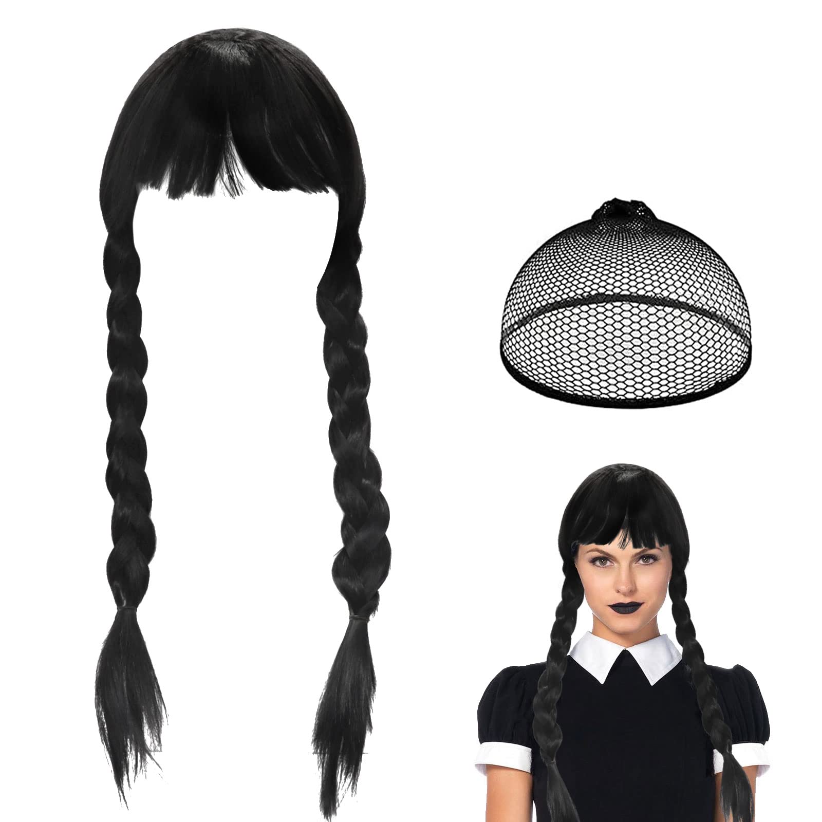 Wednesday Long Black Braided Wig, Addams Double Plaited Hair With Bangs, Heat-Resisting Synthetic Twin Pigtails Wigs with Mesh Cap for Women Girls Addams Cosplay Party Halloween Dress up