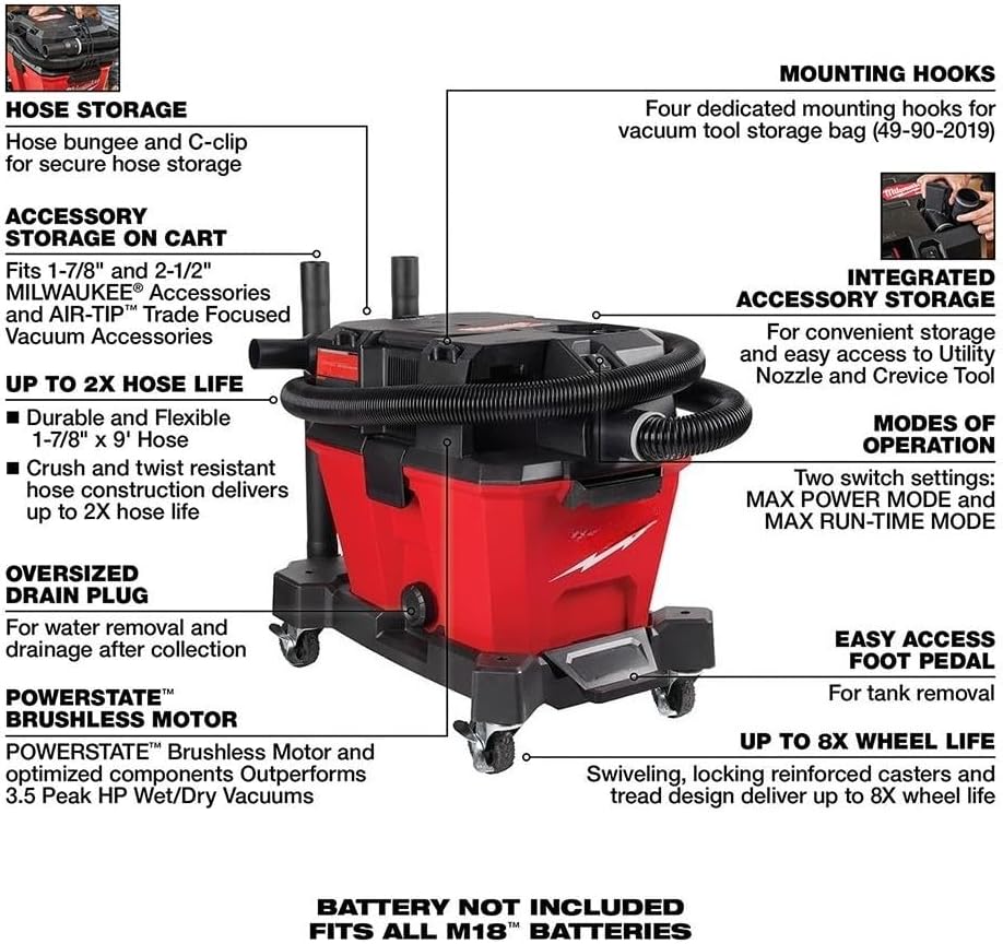 Compatible for use with Milwaukee 0910-20DS M18 Fuel 6 Gallon Wet/Dry Vacuum w/Debris Separator