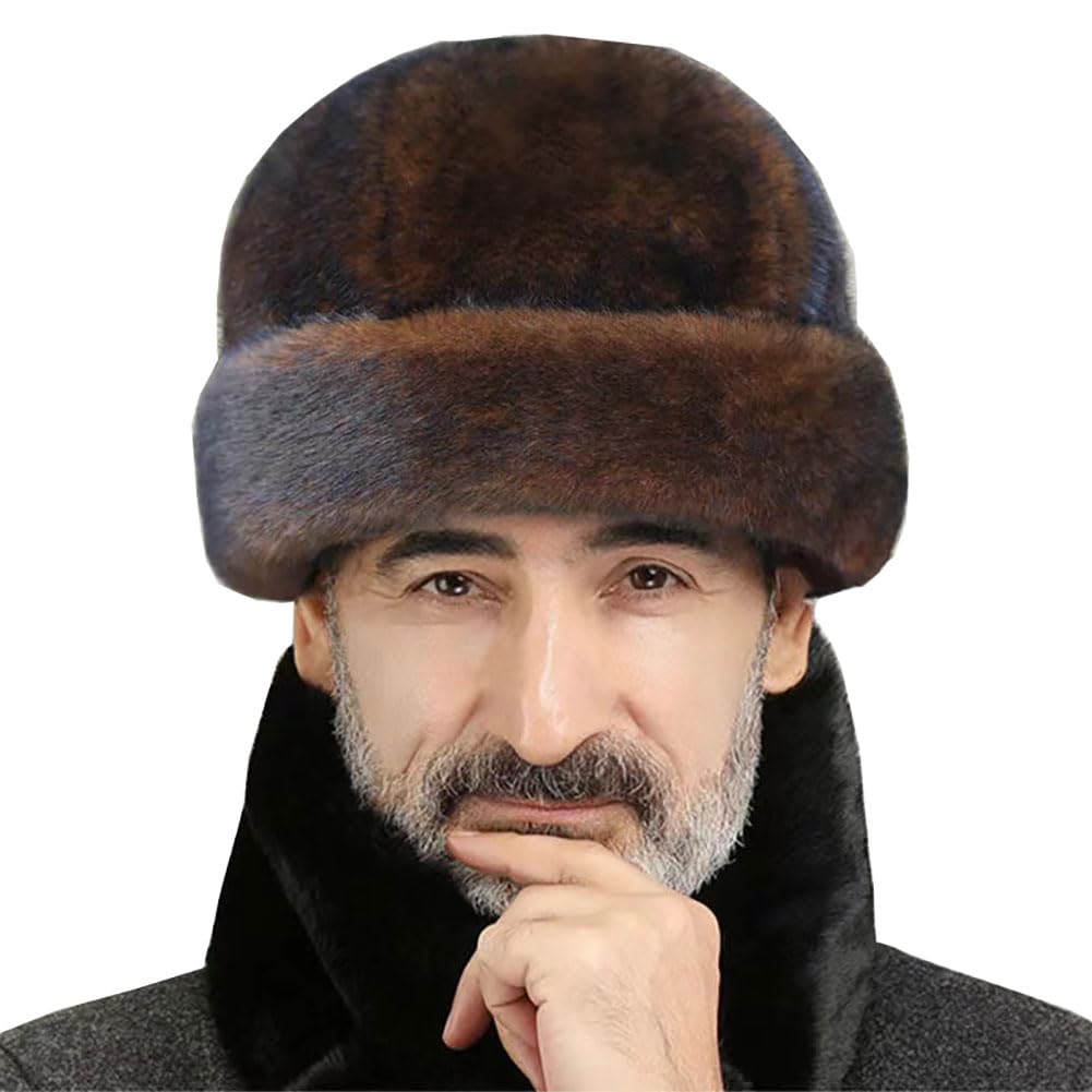 XGOPTS Men Faux Fur Trapper Hat Winter Russian Cossack Ushanka Hat Warm Mink Fur Trooper Earflap Hat Outdoor Hunting Dad Hat Brown