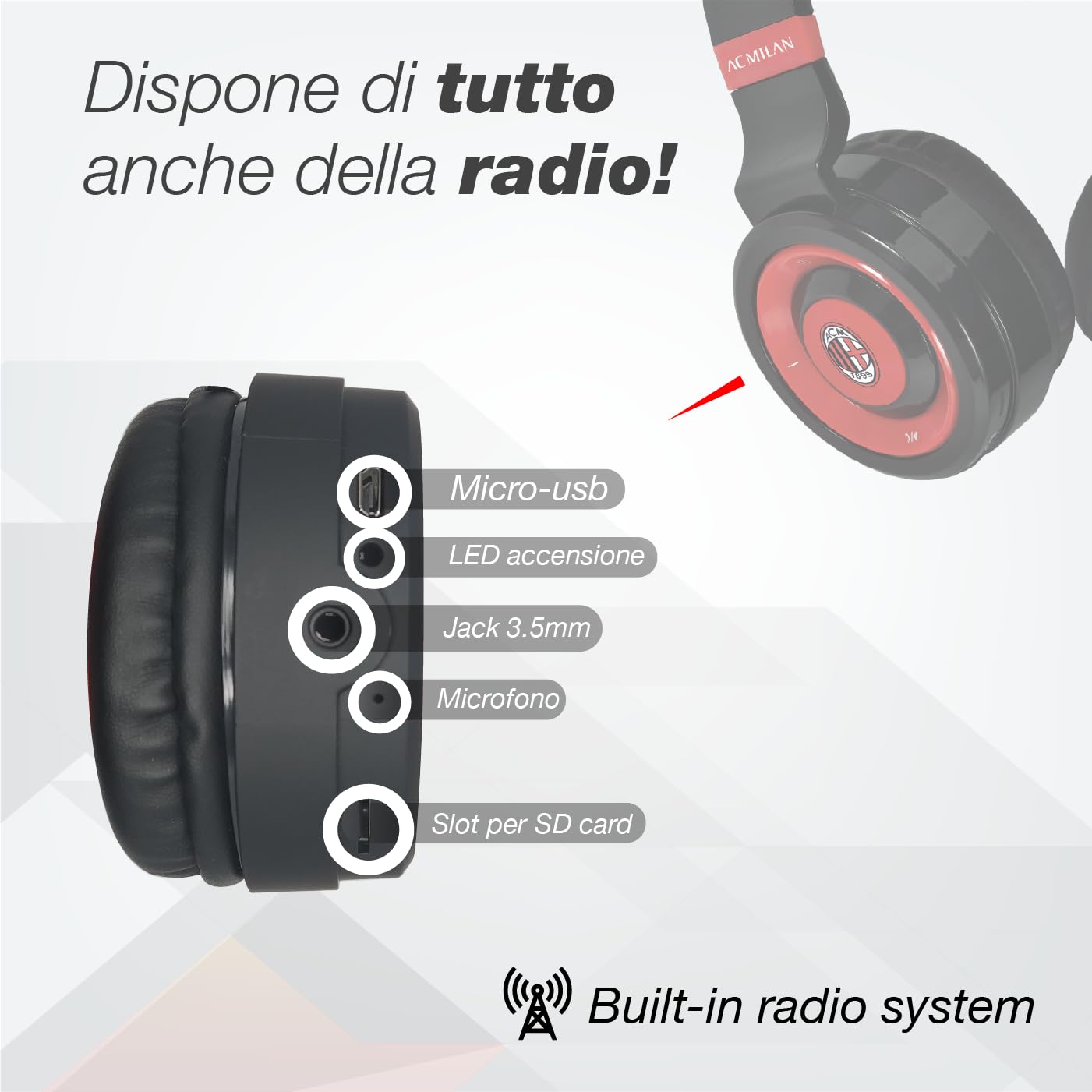 AC Milan - Cuffie Senza Filo Cuffie Wireless Over-Ear, Cuffie Bluetooth Senza Fili Pieghevoli, Cuffie con Microfono Incorporato, HiFi Stereo, Micro SD Slot, FM Radio per iPhone/Android/Viaggio/PC