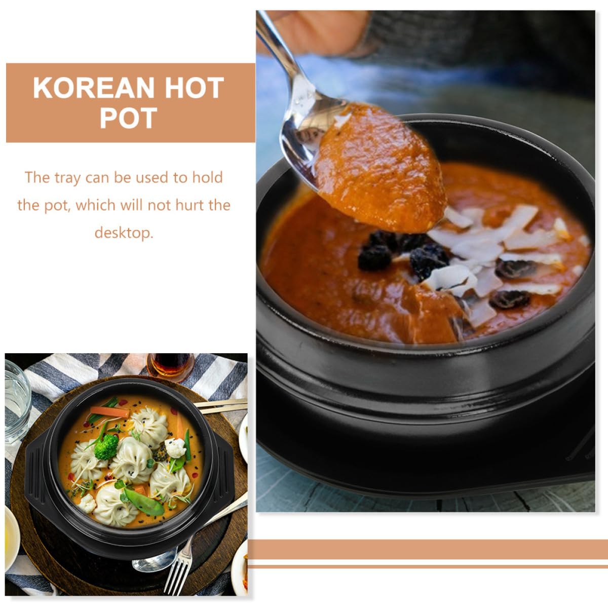 Koreanische Keramikschale Bibimbap Topf aus Keramik mit Gleichmäßiger Wärmleitung und Verhinderung von Verbrühungen Inkl Schwarzer Basisablage für Hausgebrauch