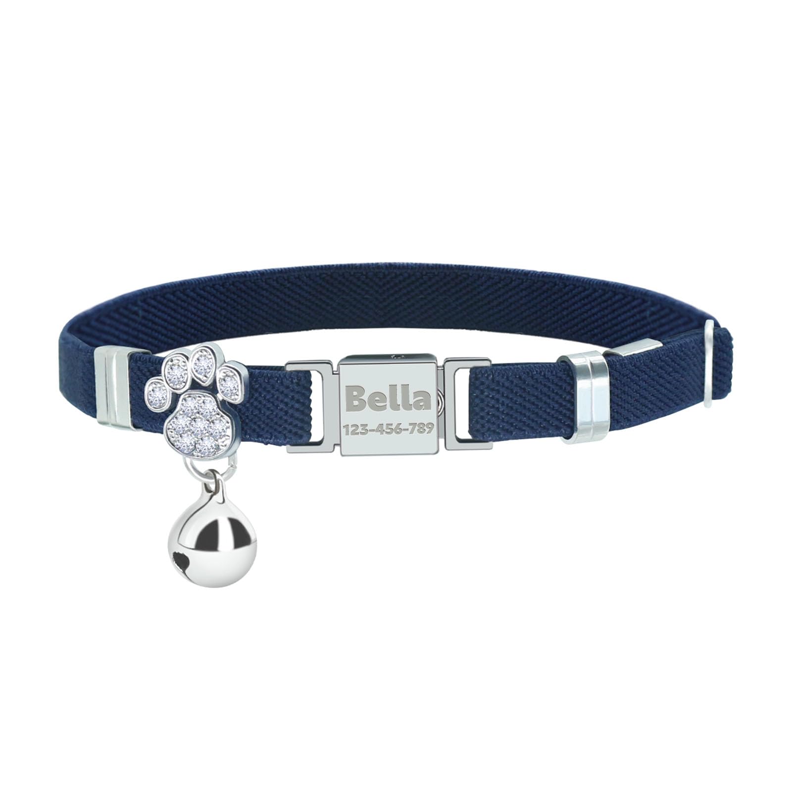Personalized Safety Elastic Cat Collars with Bell,Laser Customized Stretch Kitten Collars for Girls Boys Cats-Navy Blue